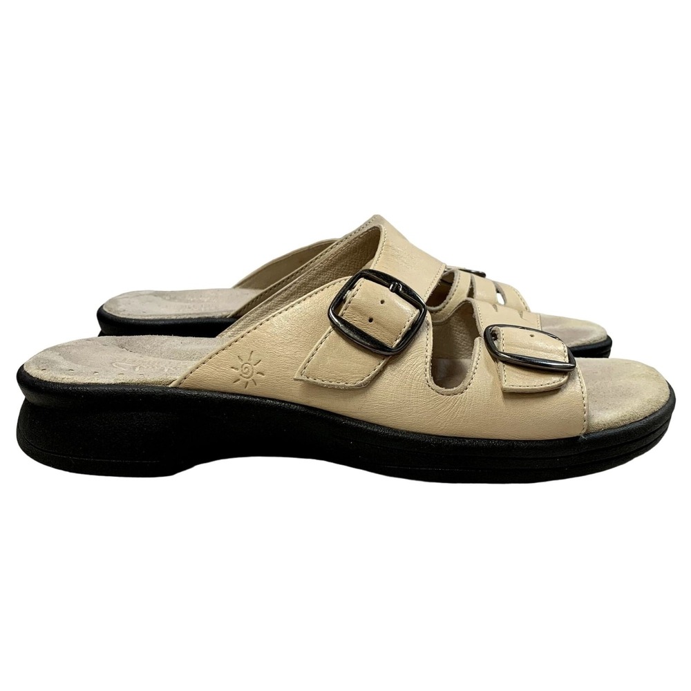 Clarks Springers Slides Womens Size 7 M Cream Leather Adjustable Buckles Sandals